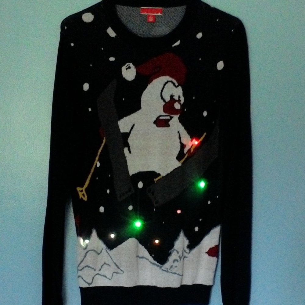 Light up skiing penguin sweater, size S